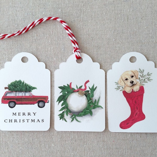 Christmas gift tags, holiday gift tags, ornament gift tags, Christmas tree tags, Christmas puppy tags, watercolor gift tags, holiday tags