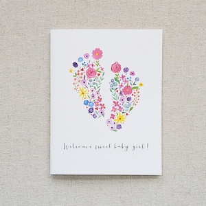 Baby Shower Card for a Girl, Original Watercolor Baby Girl Footprint Greeting Card, Girl Baby Gift Note