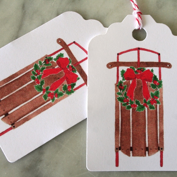 Christmas gift tags, holiday tags, party favor tags, watercolor gift tags, Christmas sled tags, Christmas tags, sled tags