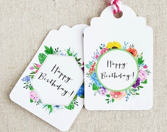 Set of 8 birthday gift tags, Original watercolor present labels, Party favor goody bag tags, Floral happy birthday tags