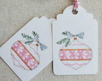 Christmas gift tags, holiday tags, party favor tags, watercolor gift tags, Christmas tags, hostess gift tags, pink ornament gift tags,