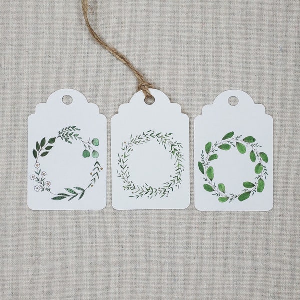 Set of 9 botanical wreath gift tags, Original watercolor present labels, Hostess gift tags, party favor goody bag tag