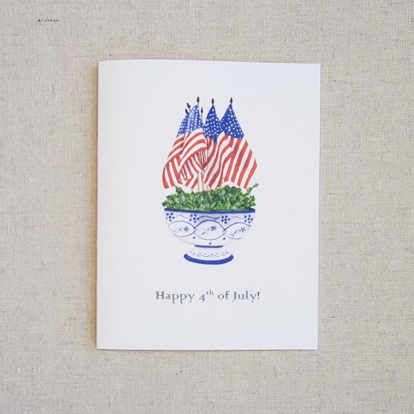 Fourth of July greeting card, Original watercolor Independence Day correspondence, Red white and blue note card