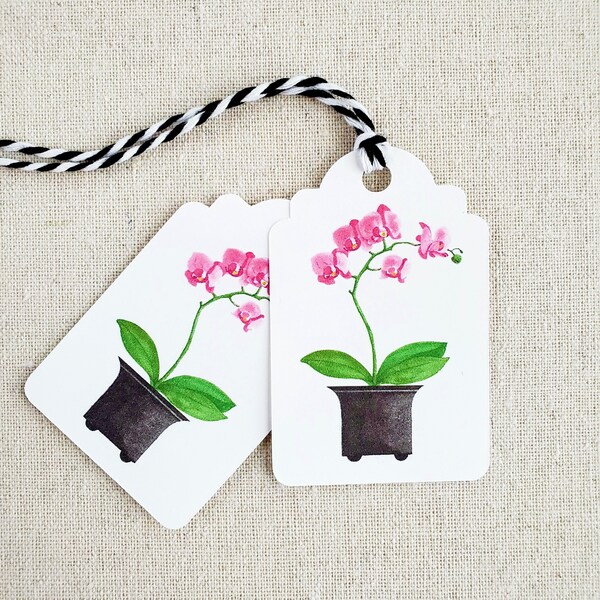 Pink Orchid gift tags, Original watercolor orchid floral present labels, Set of 9 party favor goody bag tags