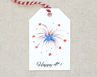 May include: White gift tag with a red, white, and blue firework illustration and the text "Happy 4th!"