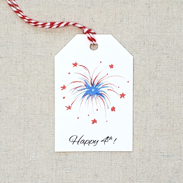 Set of 9 Fourth of July gift tags, Original watercolor fireworks gift tags, Red white and blue gift tags, Independence day party favor tags