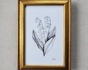 ART PRINT: Black Ink Lily of the Valley Art Print, Art Print, Original Ink Art Print, Giclee Art Print, Lily of the Valley Flower sketch