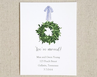 Wreath moving announcement cards, Set of 10, Original watercolor change of address notification cards, New home flat notes