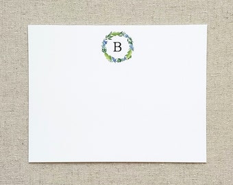 Initial monogram blank or personalized stationery, Original watercolor note cards, Set of 10 flat note cards, Gift for her