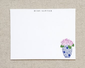 Pink Hydrangea blank or personalized stationery, Original watercolor note cards, Set of 10 flat note cards, Gift for her