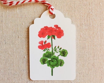 Set of 9 red Geranium gift tags, Original floral watercolor present labels, Party favor bag tags