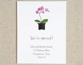 Orchid moving announcement cards, Set of 10, Original watercolor change of address notification cards, New home flat note