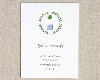 Topiary moving announcement cards, Set of 10, Original watercolor change of address notification cards, New home flat note