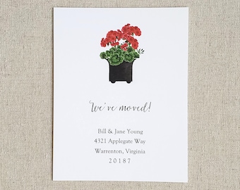 Red Geranium moving announcement cards, Set of 10, Original watercolor change of address notification cards, New home note cards