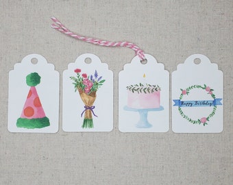 Set of 8 birthday gift tags, Original watercolor present labels, party favor goody bag tags, party hat, birthday cake,  Floral birthday tags