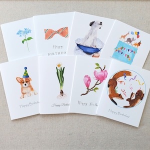 Birthday note card set, Set of 8, Variety pack of birthday cards, Watercolor birthday note cards, Folded birthday note card set