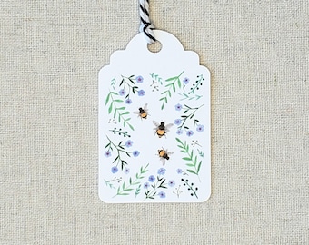 Bee gift tags, Set of 9 bee and flower present labels, Original watercolor party favor tags, goody bag tags