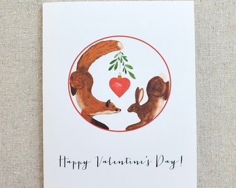 Valentine's Day greeting card, Greeting card, Fox and Rabbit Valentine, Watercolor Valentine's Day greeting card