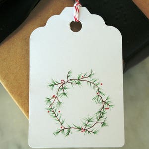 Christmas gift tags, holiday tags, party favor tags, watercolor gift tags, pine wreath tags, Christmas wreath tags