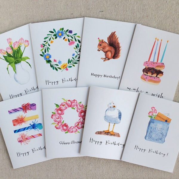 Birthday note card set, Set of 8, Variety pack of birthday cards, Watercolor birthday note cards, Folded birthday note card set