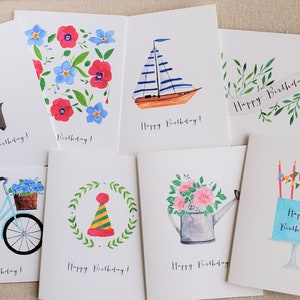 Birthday note card set, set of 8, Variety pack of birthday cards, watercolor birthday note cards, Folded birthday note card set