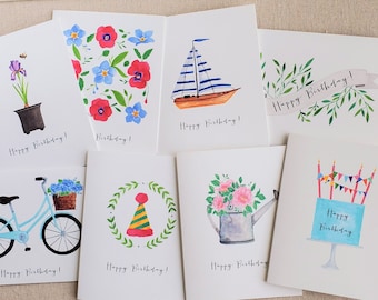 Birthday note card set, set of 8, Variety pack of birthday cards, watercolor birthday note cards, Folded birthday note card set