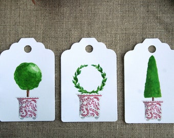 Christmas gift tags, holiday tags, party favor tags, watercolor gift tags, Christmas wreath gift tags, Christmas topiary gift tags