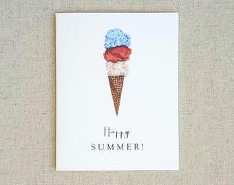 Summer greeting card, Blank seasonal note card, Original watercolor ice cream cone card