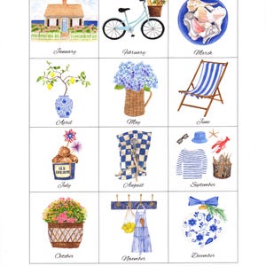 May include: Watercolor illustrations of seasonal themes. Includes a house, bicycle with flowers, seashells, lemons in a vase, hydrangeas, a beach chair, ice cream, a checkered towel, nautical items, a flower basket, an apron, and a blue ornament.