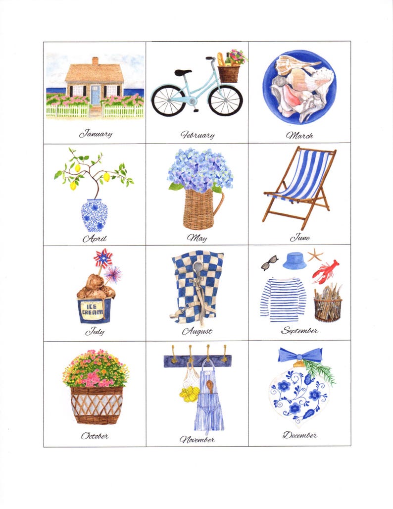 May include: Watercolor illustrations of seasonal themes. Includes a house, bicycle with flowers, seashells, lemons in a vase, hydrangeas, a beach chair, ice cream, a checkered towel, nautical items, a flower basket, an apron, and a blue ornament.