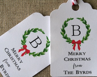 Monogrammed Christmas gift tags, monogrammed greenery gift tags, holiday tags, holiday wreath tags, watercolor tags, Christmas gift tags