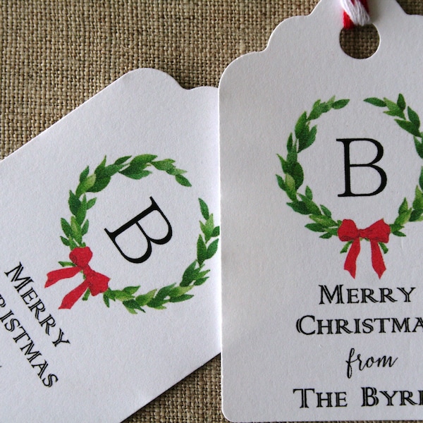 Monogrammed Christmas gift tags, monogrammed greenery gift tags, holiday tags, holiday wreath tags, watercolor tags, Christmas gift tags