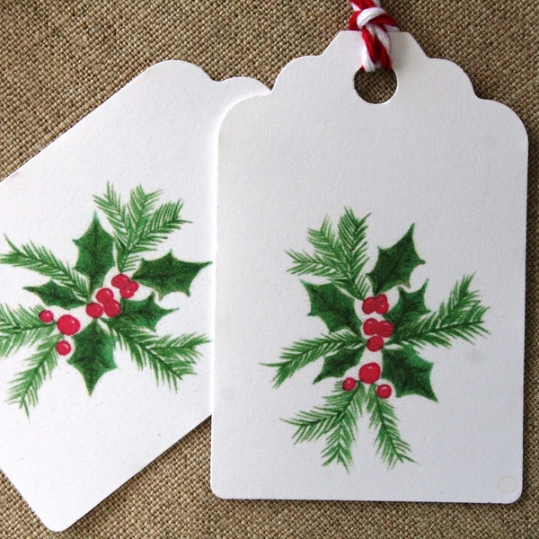 Christmas gift tags, holiday tags, party favor tags, watercolor gift tags, holly greenery tags, Christmas greenery tags, hostess gift tags