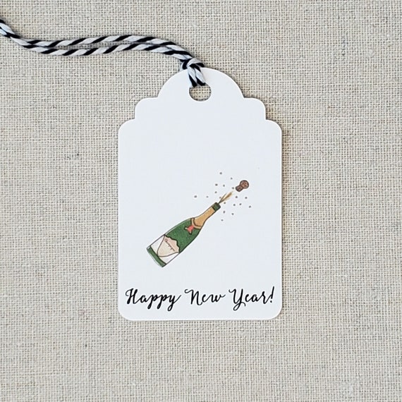 Set of 9 New Year's gift tags, Original watercolor party favor tags, Champagne tags