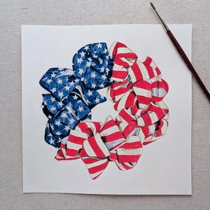 May include: A watercolor painting of a red, white, and blue bow made of fabric. The bow is shaped like a circle and is made of multiple layers of fabric. The fabric is patterned with stars and stripes.