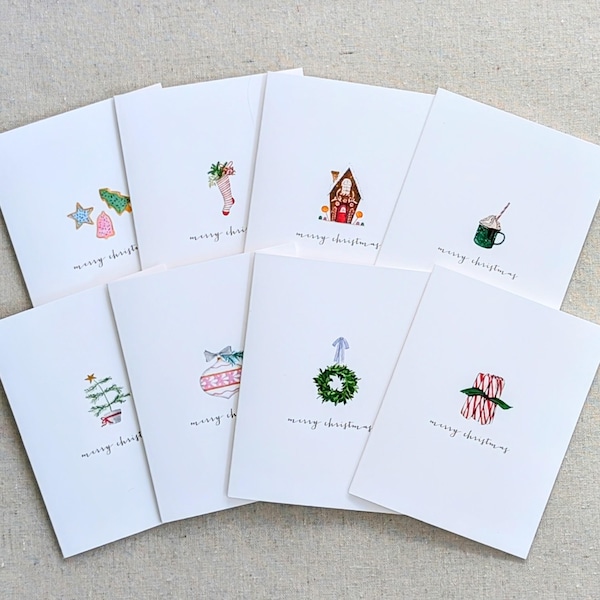 Christmas card variety pack, Original watercolor Christmas note cards, Folded holiday greeting card set of 8