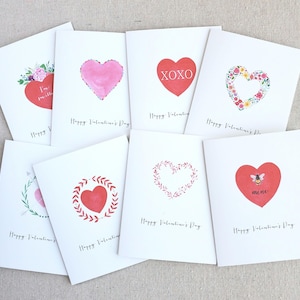 Valentine&#39;s Day note card set, set of 8 Valentine cards, watercolor Valentine cards, Valentine heart cards, Folded Valentine card set