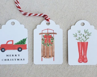 Christmas gift tags, Holiday tags, Party favor tags, Watercolor gift tags, Red truck gift tags, Sled gift tags, Red boot gift tags