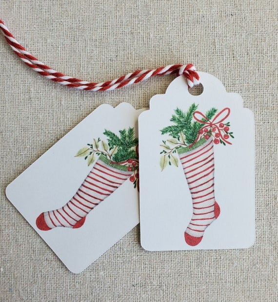 Christmas stocking gift tags, Original watercolor set of 9 present labels, Holiday party goody bag tags