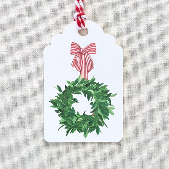 Christmas Wreath Gift Tags, Original Watercolor, Set of 9 Holiday Present Labels
