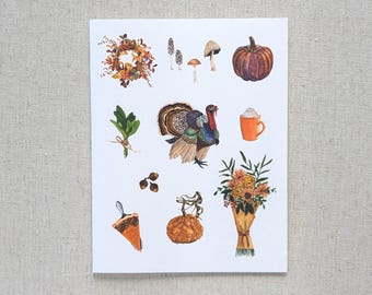 May include: Watercolor illustration of autumn-themed elements on a white background. Depicted are a wreath, mushrooms, a pumpkin, a turkey, a mug of coffee, a bouquet of flowers, a slice of pie, and other fall-related items.
