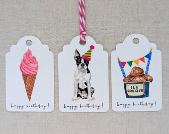 Birthday gift tags, Set of 9 original watercolor party favor tags, Birthday party goody bag hang tags