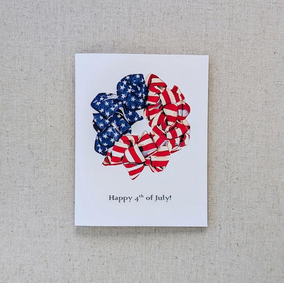 Fourth of July Wreath Greeting Card, Original Watercolor, Independence Day Correspondence, Americana Style Note Card