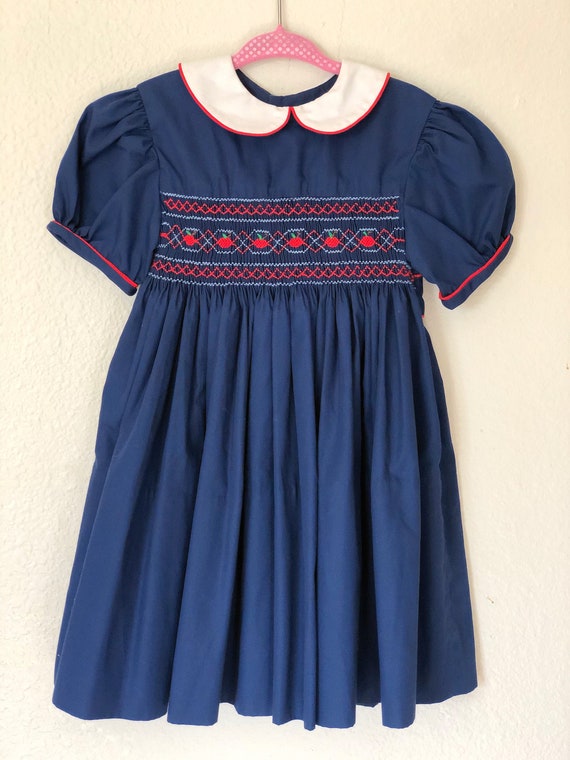 Vintage Girls Blue and Red Smocked Dress