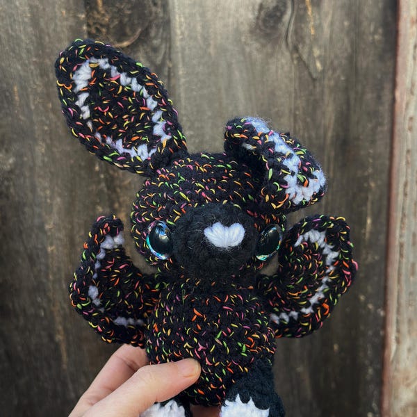 Rainbow Black Bunny Amigurumi Plushie - Floppy Ears Plush - Bat Bunny Crochet