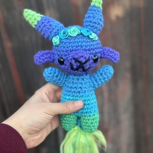 Blue Goat Amigurumi Plush with Floral Headband– Kawaii Cute Halloween Crochet Plushie