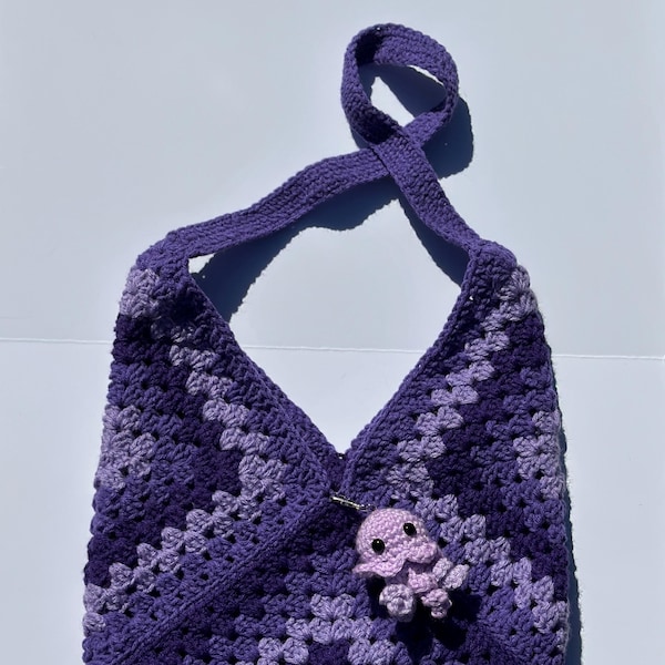 Purple Granny Square Bag | Crochet Jellyfish Keychain