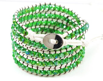 Five Tiered Wrap Green Iridescent Faceted Crystal Beaded Bracelet on White Waxed Rope and Silver Button Closure