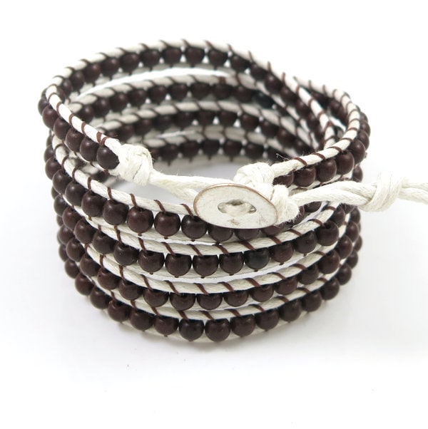 Five Tiered Wrap Brown Beaded Bracelet on White Waxed Rope and - Etsy