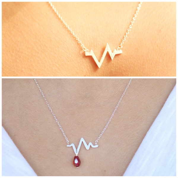 Dainty Heart Beat Rate Zigzag Pendant Necklace with Option to Add Crystal, Choice of 16" or 18" chain, Silver Plated